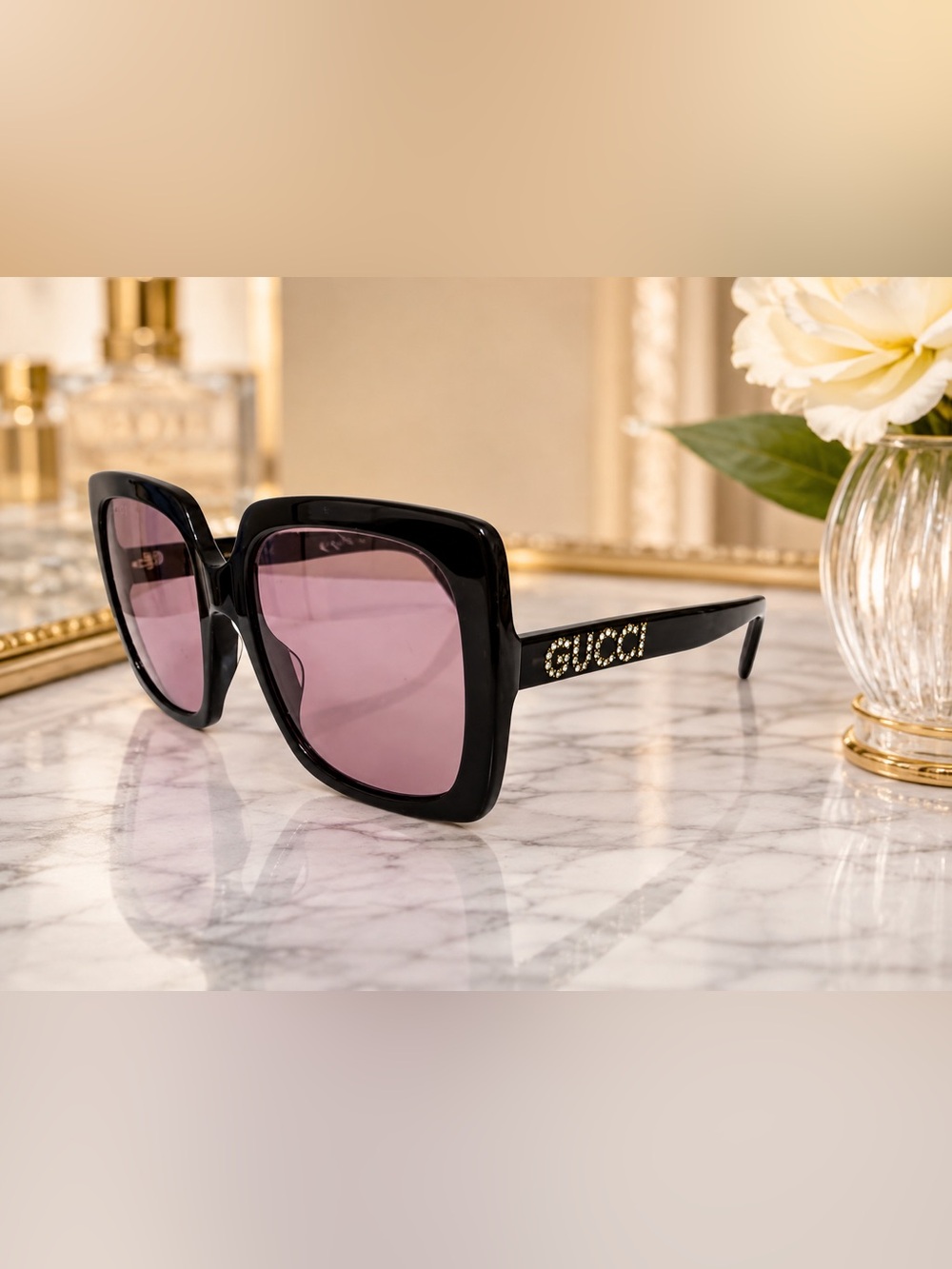 Gucci GG 0418S Black Square Sunglasses with Pink Lenses and Crystal Logo